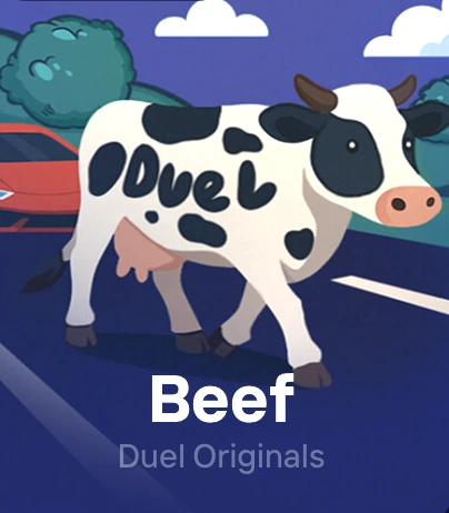 Beef thumbnail with a cow on a road near a sports car